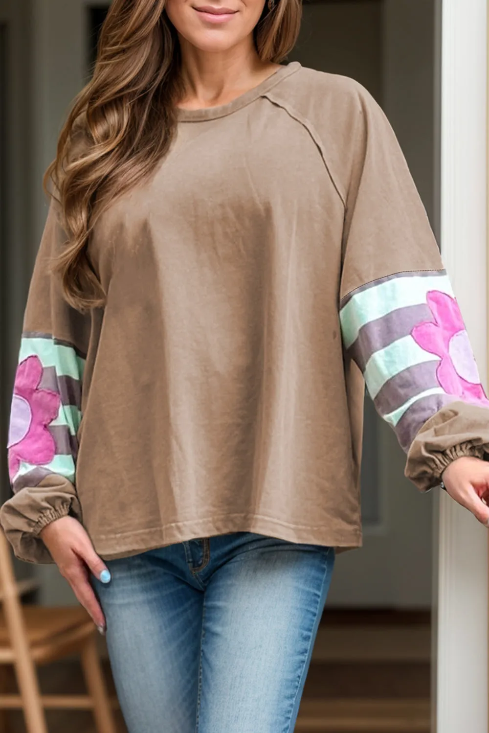 Plus Size Flower Round Neck Long Sleeve Blouse sold by Charming Charlie
