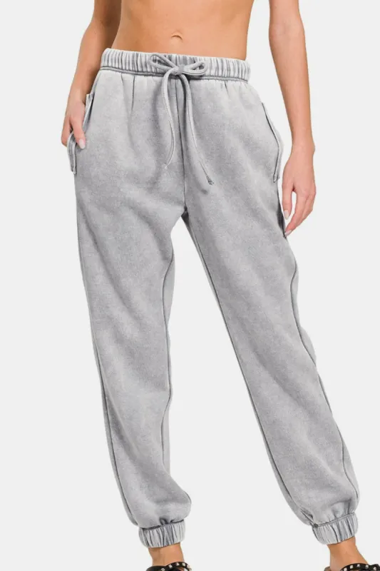 Zenana Full Size Acid Wash Fleece Drawstring Sweatpants with Pockets sold by Charming Charlie