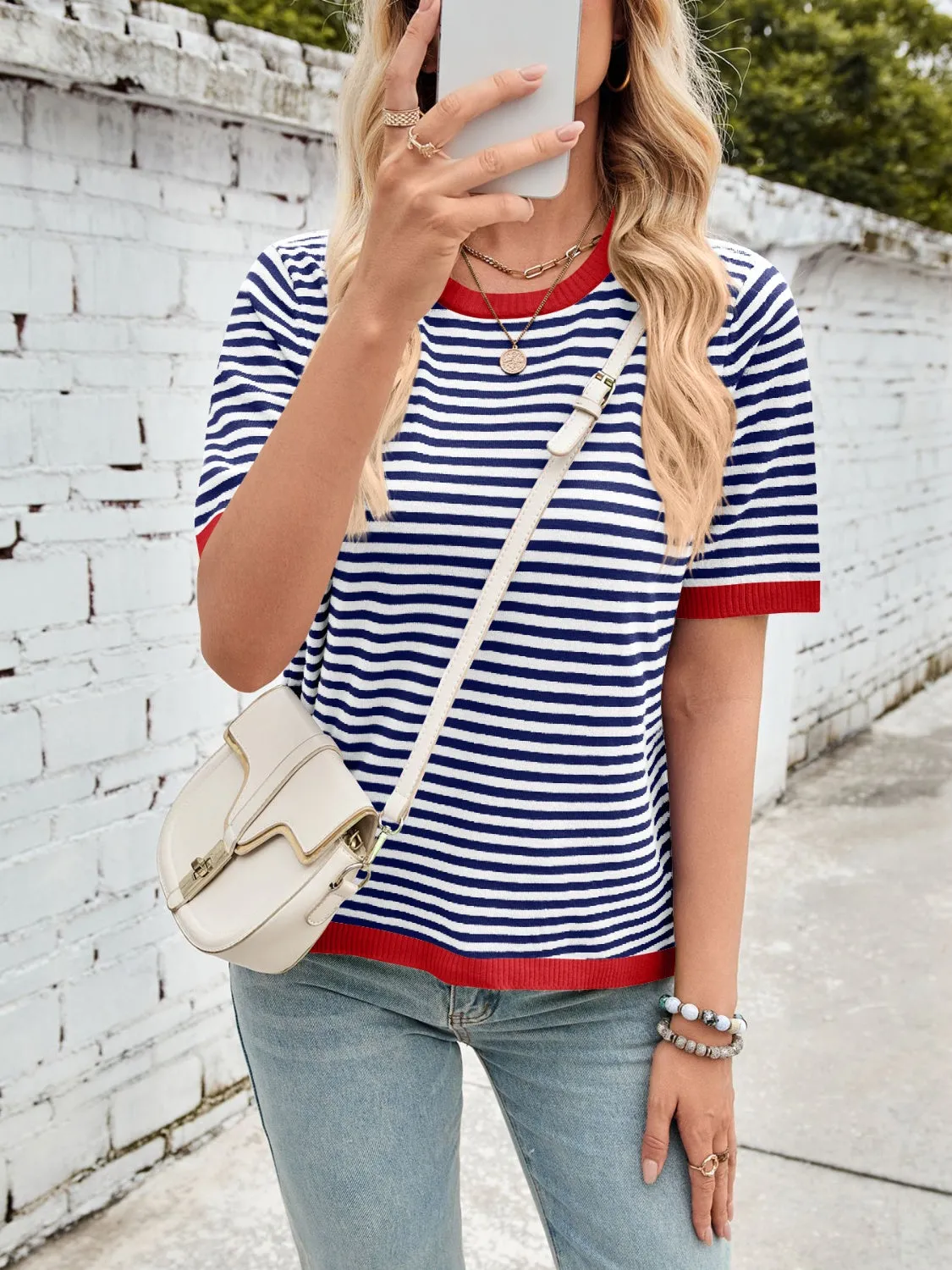 Lovelet Striped Contrast Round Neck Half Sleeve Knit Top sold by Charming Charlie product image thumbnail 5