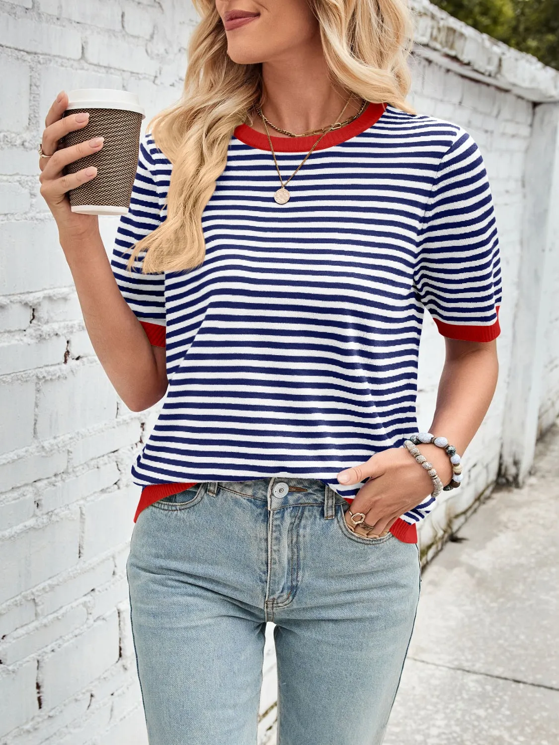 Lovelet Striped Contrast Round Neck Half Sleeve Knit Top sold by Charming Charlie product image thumbnail 4