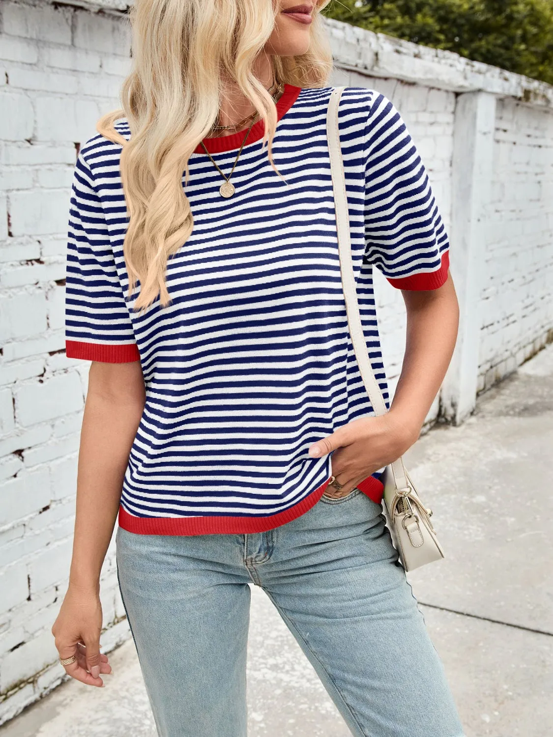 Lovelet Striped Contrast Round Neck Half Sleeve Knit Top sold by Charming Charlie product image thumbnail 3