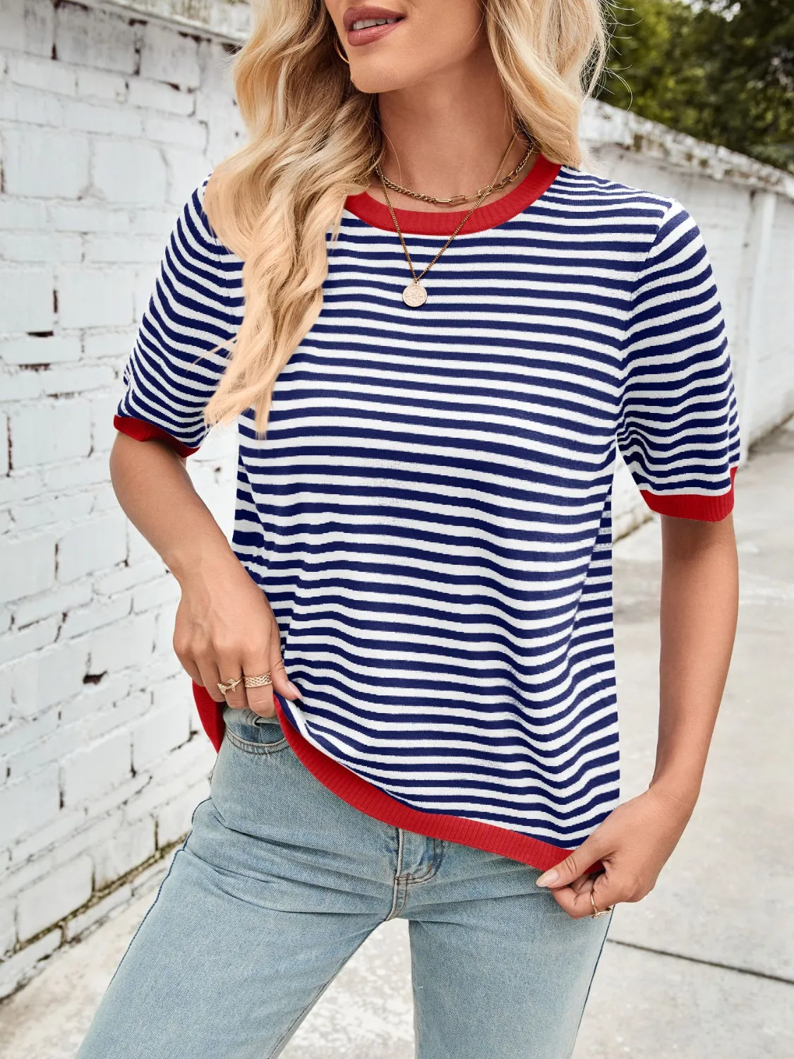 Lovelet Striped Contrast Round Neck Half Sleeve Knit Top sold by Charming Charlie