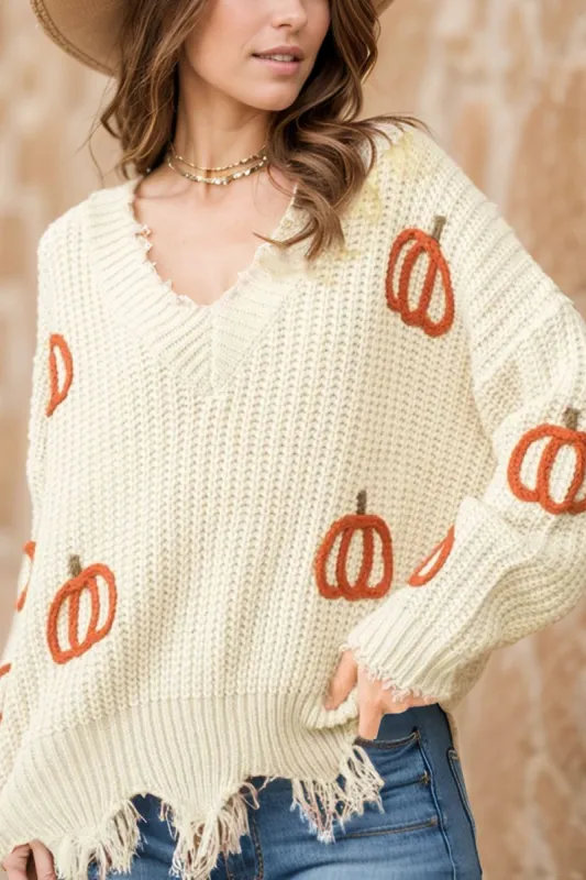 Raw Hem Pumpkin V-Neck Long Sleeve Sweater sold by Charming Charlie