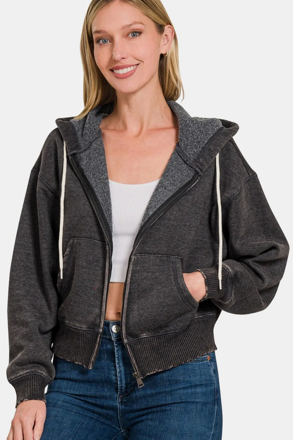 Zenana Acid Wash Fleece Zip-Up Cropped Hoodie sold by Charming Charlie