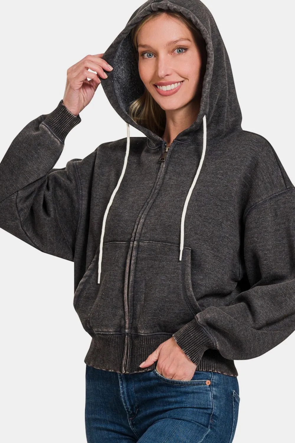 Zenana Acid Wash Fleece Zip-Up Cropped Hoodie sold by Charming Charlie product image thumbnail 2