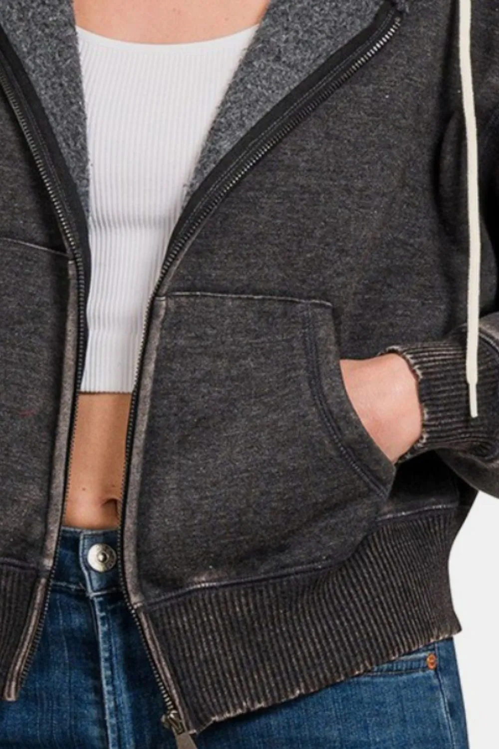 Zenana Acid Wash Fleece Zip-Up Cropped Hoodie sold by Charming Charlie product image thumbnail 3