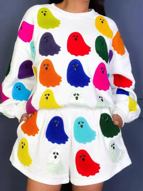 Ghost Printed Round Neck Long Sleeve Top and Shorts Set sold by Charming Charlie