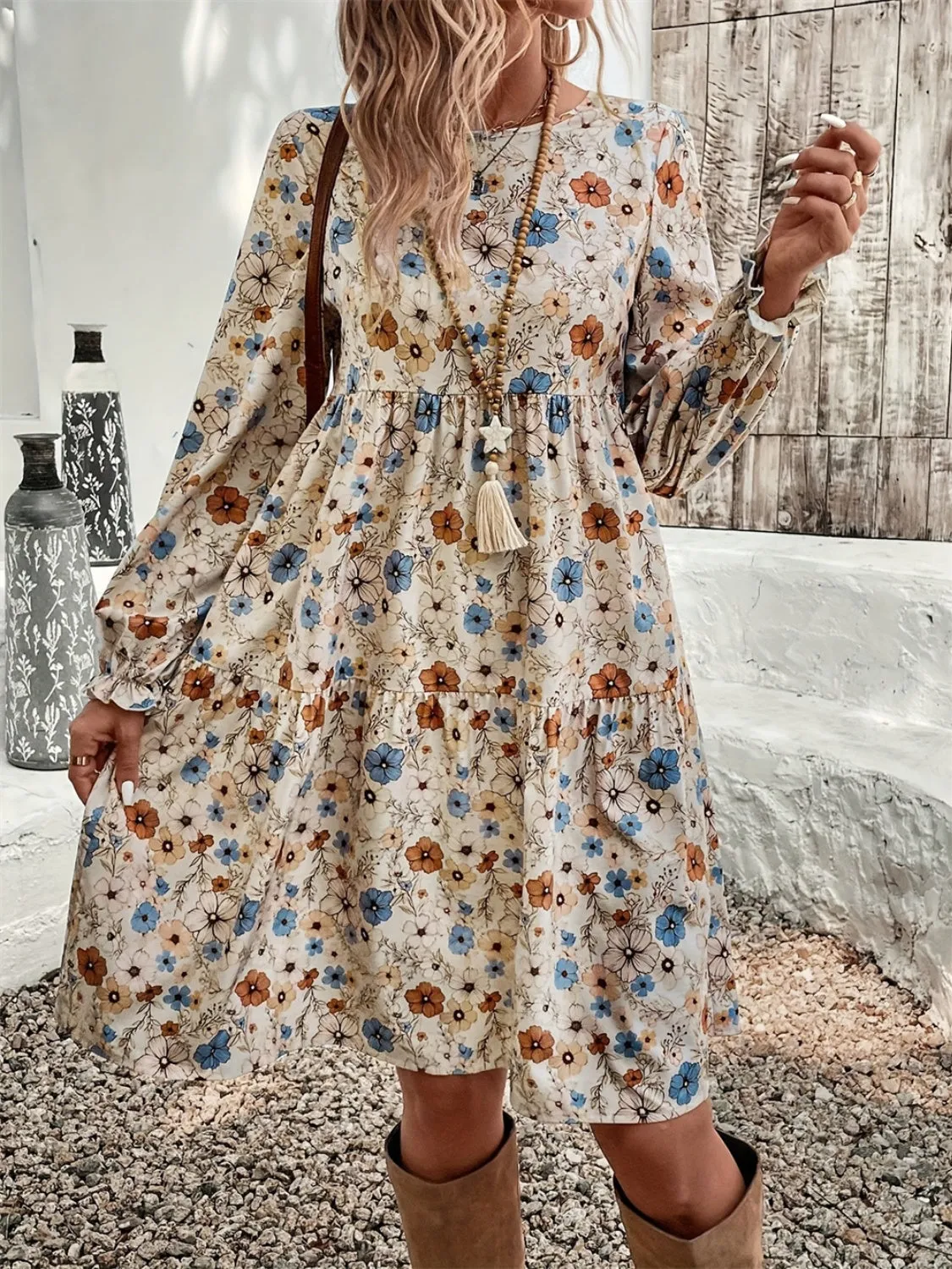 Ruffled Printed Round Neck Long Sleeve Dress sold by Charming Charlie product image thumbnail 4