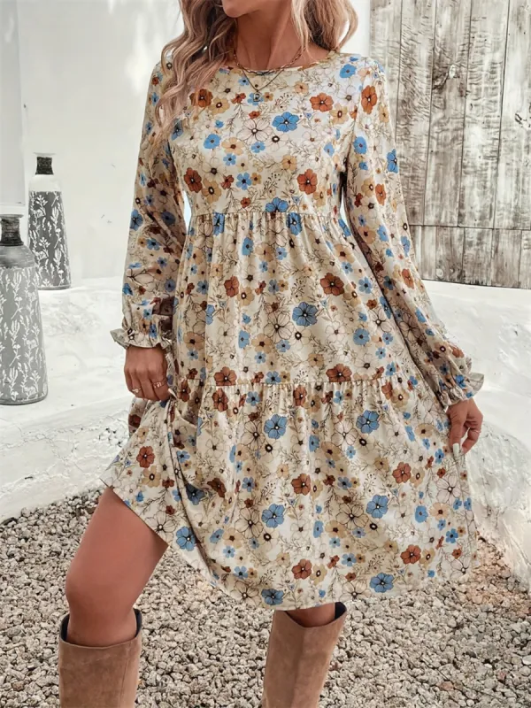 Ruffled Printed Round Neck Long Sleeve Dress sold by Charming Charlie