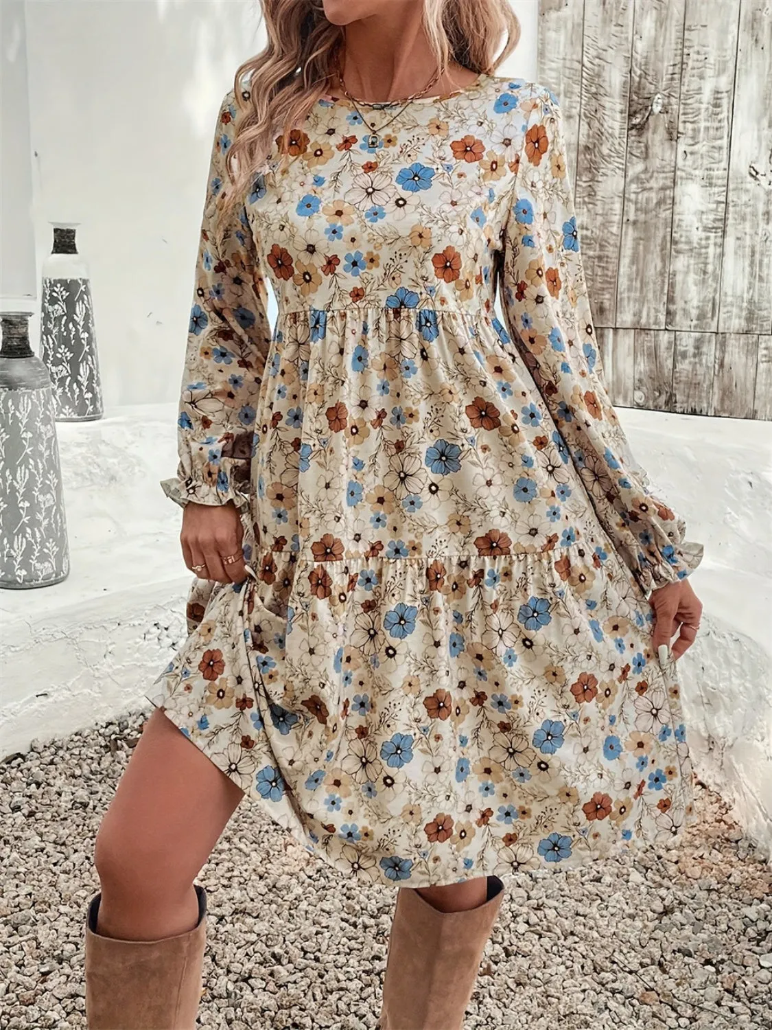 Ruffled Printed Round Neck Long Sleeve Dress sold by Charming Charlie