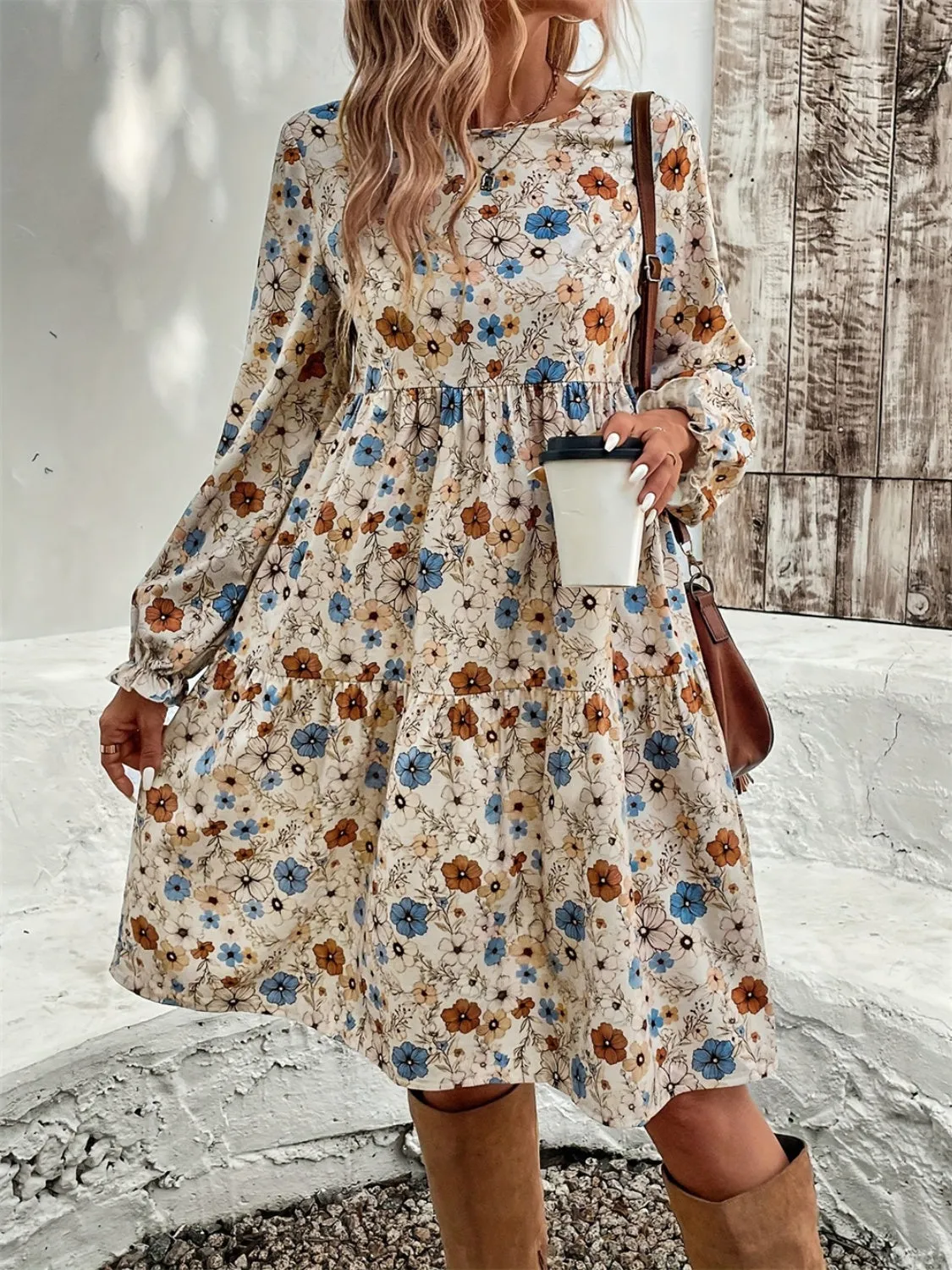 Ruffled Printed Round Neck Long Sleeve Dress sold by Charming Charlie product image thumbnail 5