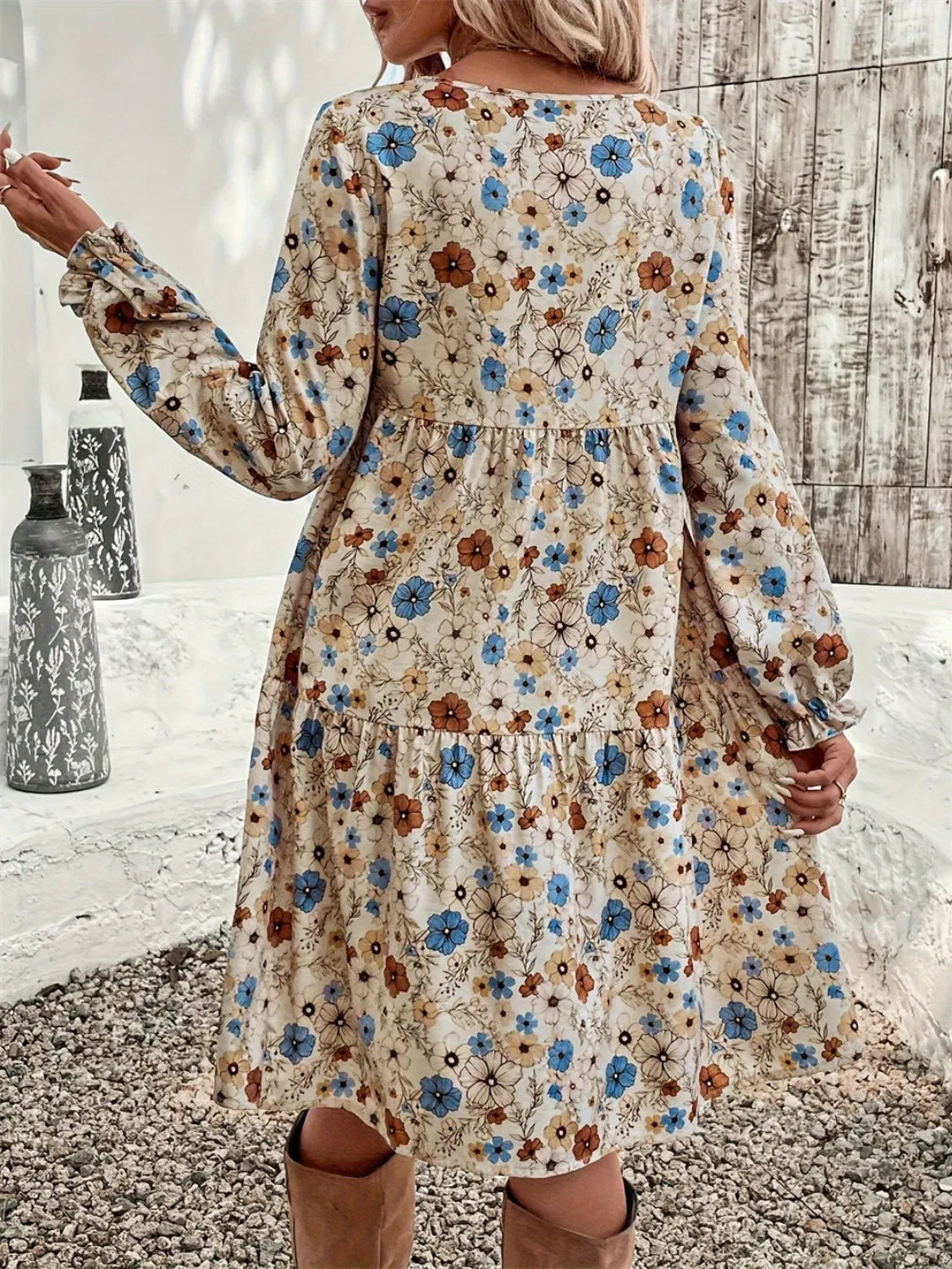 Ruffled Printed Round Neck Long Sleeve Dress sold by Charming Charlie product image thumbnail 2