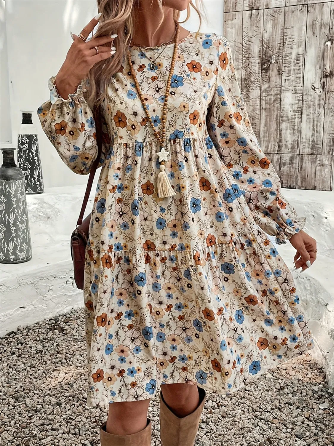 Ruffled Printed Round Neck Long Sleeve Dress sold by Charming Charlie product image thumbnail 3