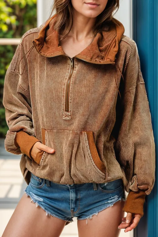 Drawstring Half Zip Long Sleeve Hoodie sold by Charming Charlie