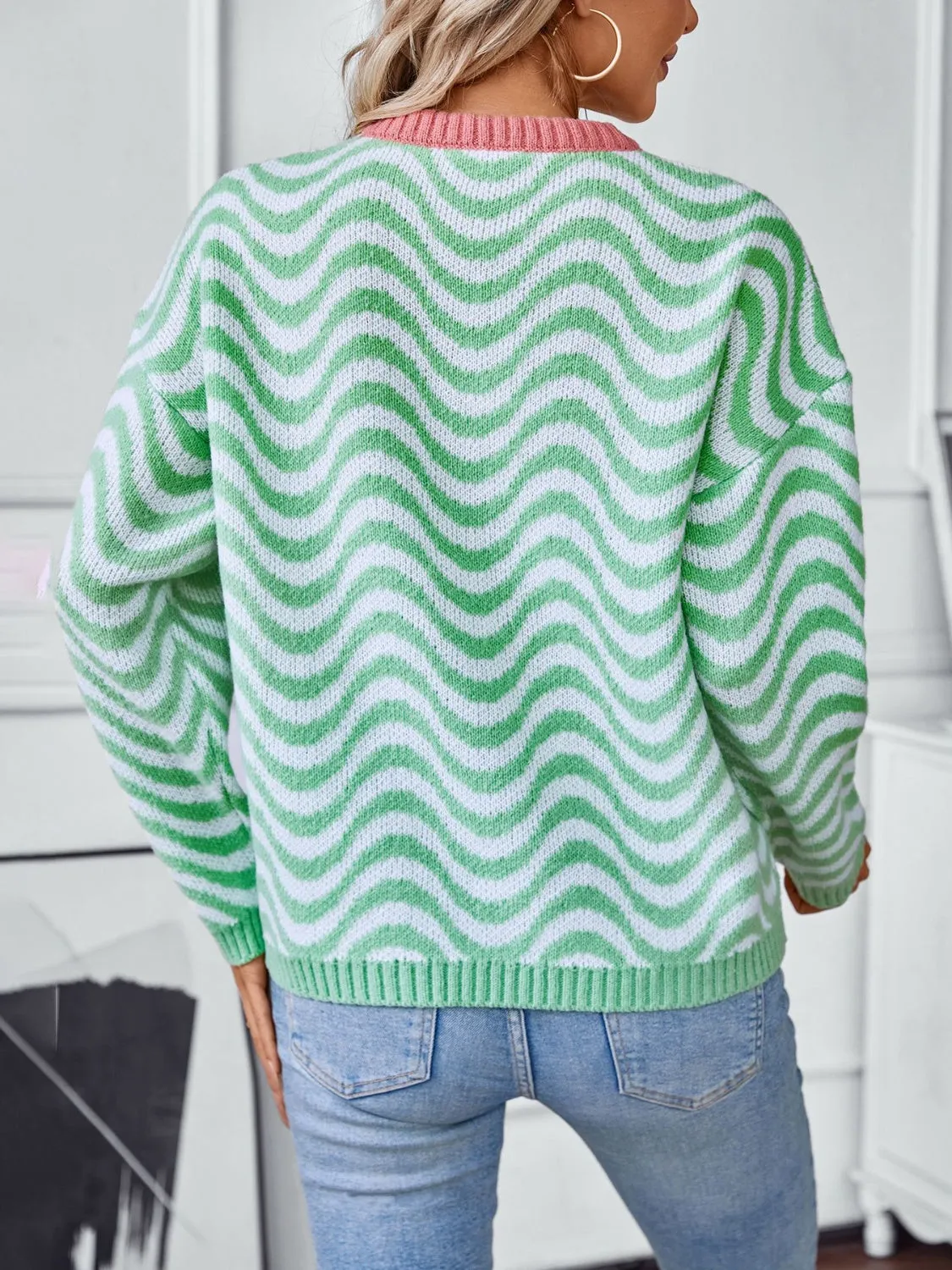 Wavy Stripes Round Neck Long Sleeve Sweater sold by Charming Charlie product image thumbnail 2