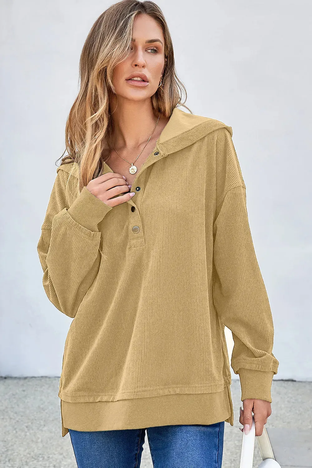 Half Snap Long Sleeve Dropped Shoulder Hoodie sold by Charming Charlie product image thumbnail 3