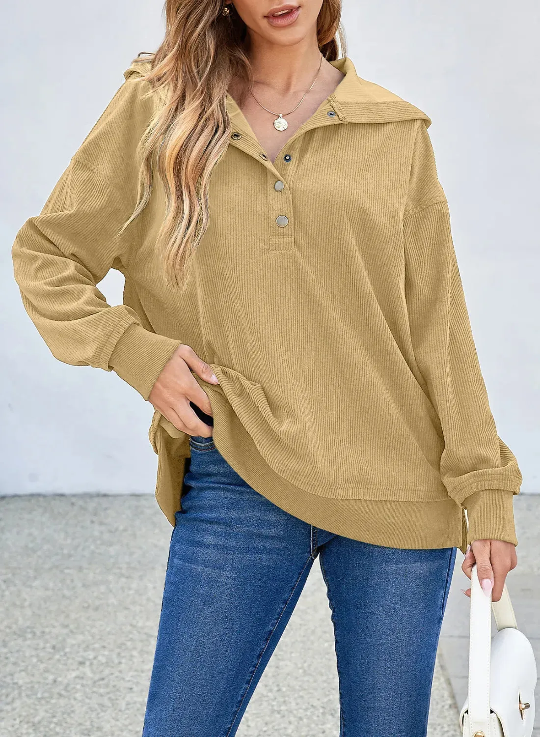 Half Snap Long Sleeve Dropped Shoulder Hoodie sold by Charming Charlie