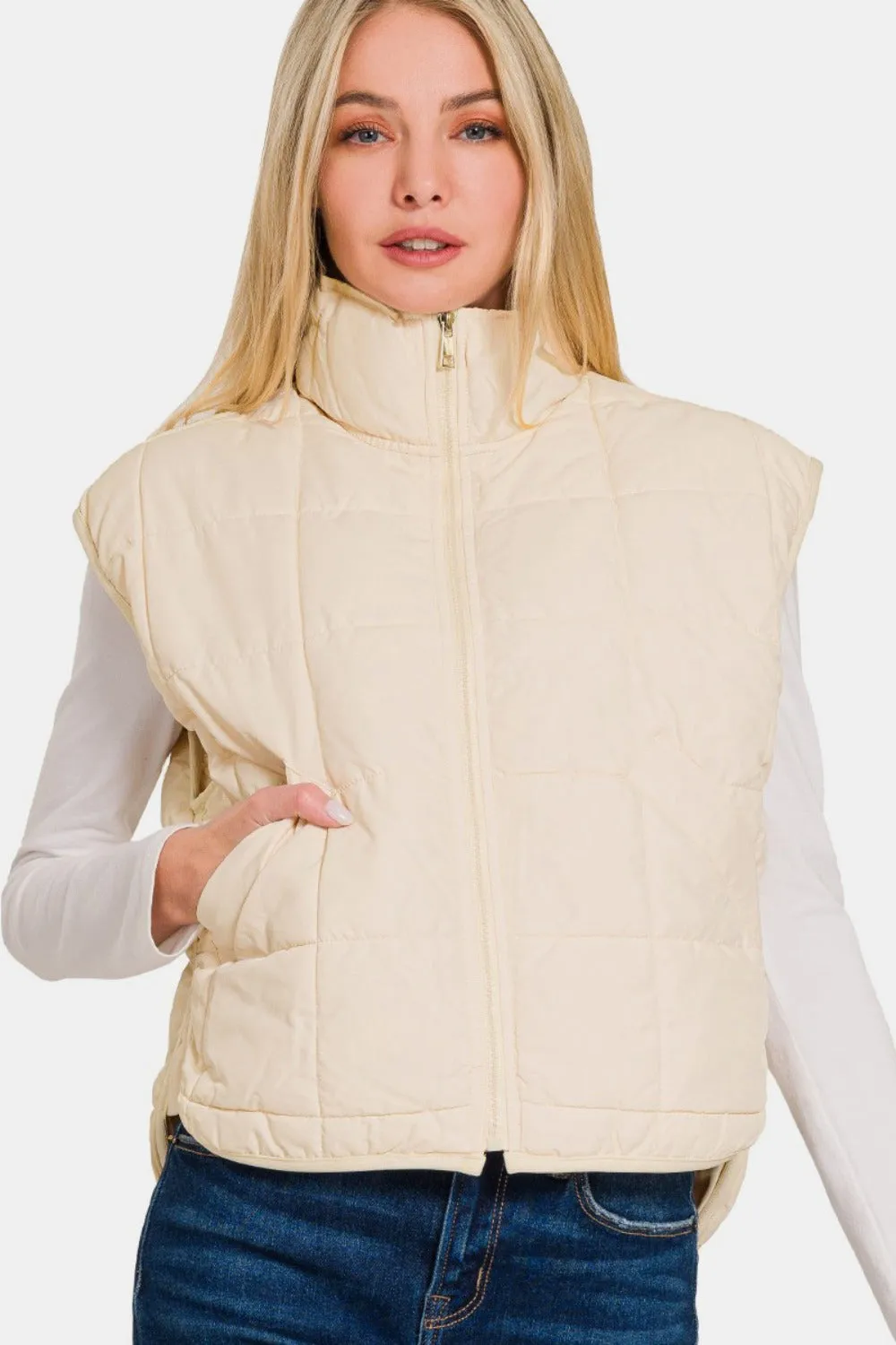 Zenana Zip Up Cropped Puffer Vest with Pockets sold by Charming Charlie product image thumbnail 3