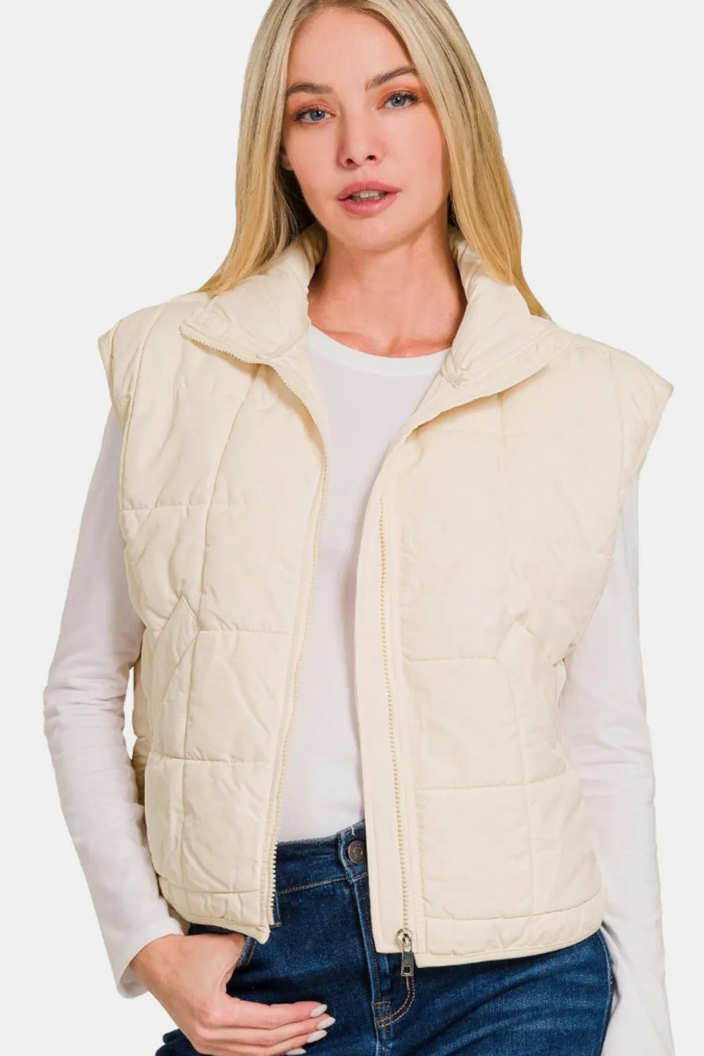 Zenana Zip Up Cropped Puffer Vest with Pockets sold by Charming Charlie