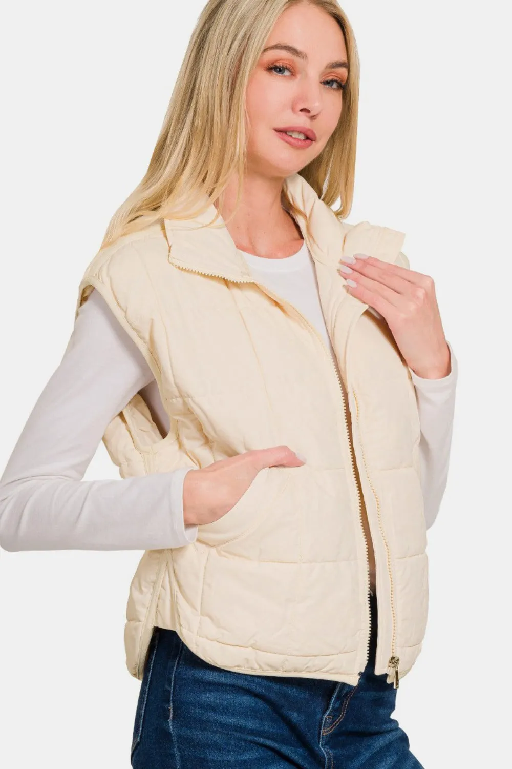 Zenana Zip Up Cropped Puffer Vest with Pockets sold by Charming Charlie product image thumbnail 2