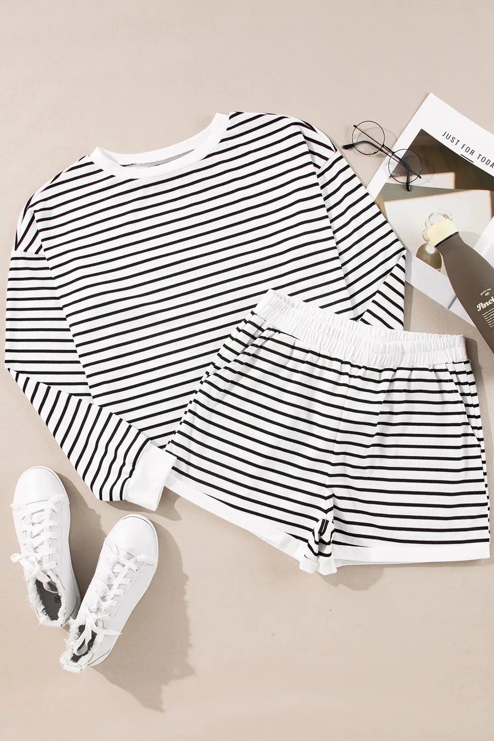 Striped Round Neck Long Sleeve Top and Shorts Set sold by Charming Charlie product image thumbnail 2