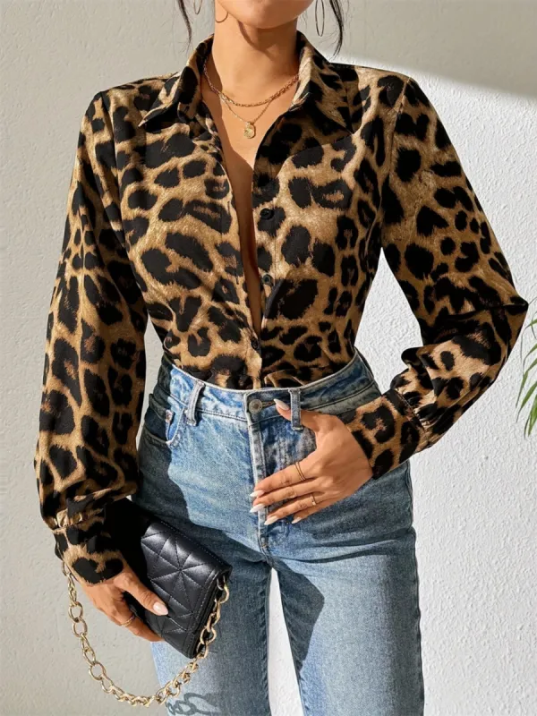 Leopard Collared Neck Long Sleeve Shirt sold by Charming Charlie
