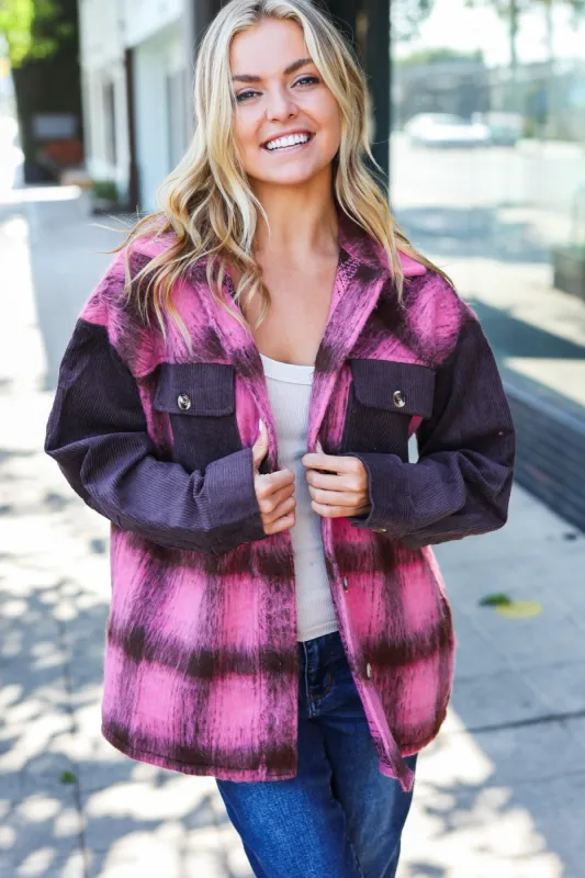 Spread Joy Pink & Brown Plaid Corduroy Button Down Fuzzy Jacket sold by Charming Charlie