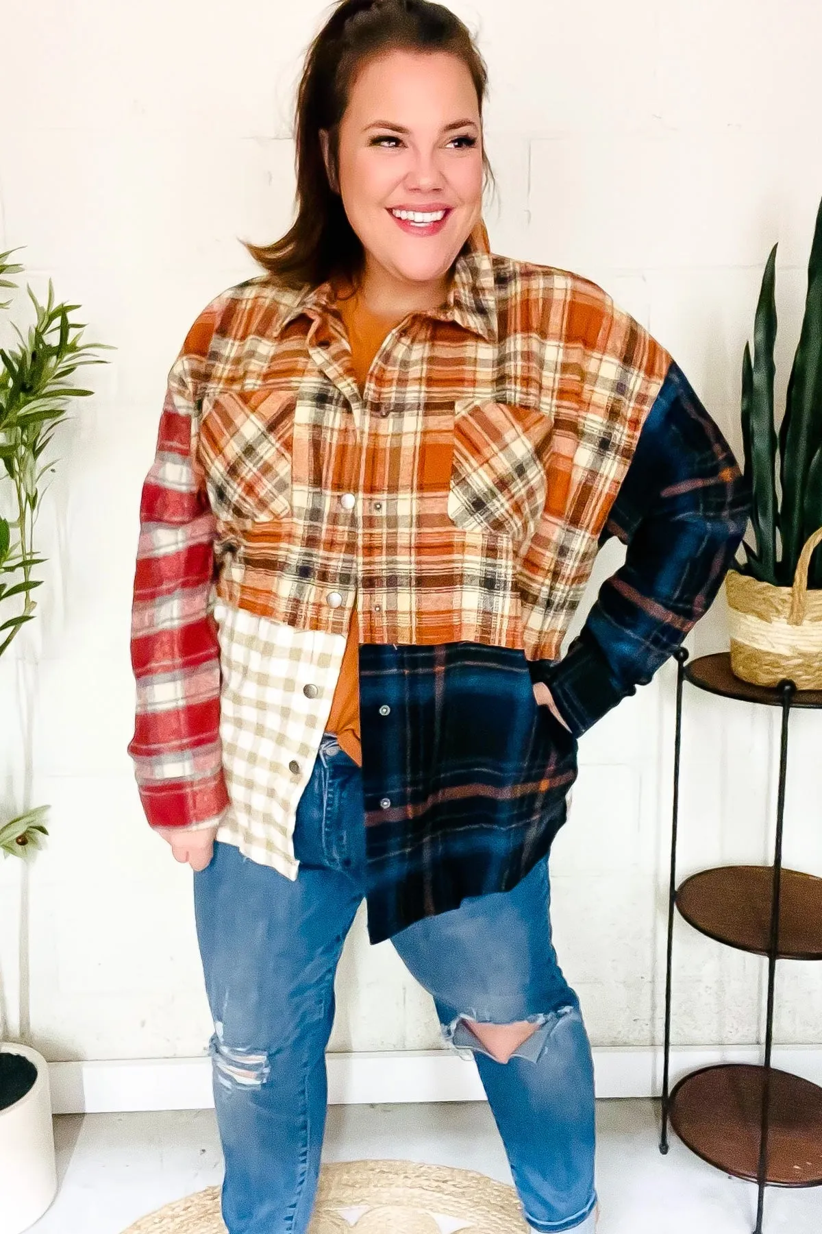 Catch Glances Muticolor Plaid Color Block Snap Button Shacket sold by Charming Charlie