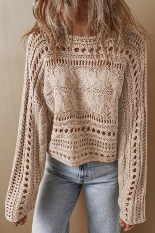 Smoke Gray Hollow-out Cable Knit Cropped Sweater sold by Charming Charlie