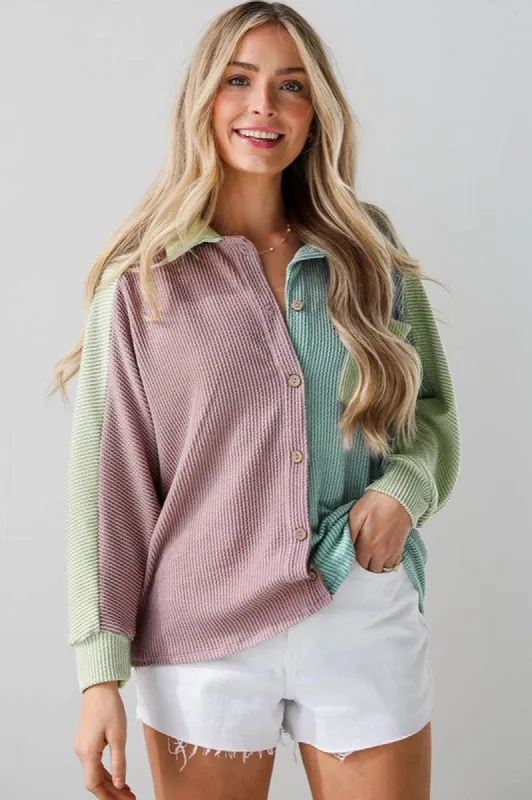 Women Block Corded Buttoned Oversized Blouse sold by Charming Charlie