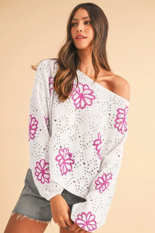 Flower Print Drop Shoulder Hollow Knit Sweater sold by Charming Charlie