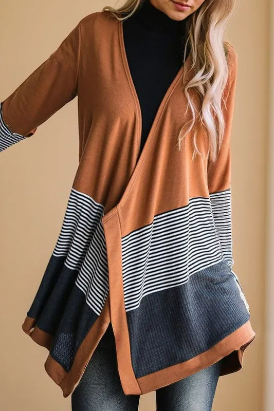 Colorblock Striped Waffle Patchwork Open Cardigan sold by Charming Charlie