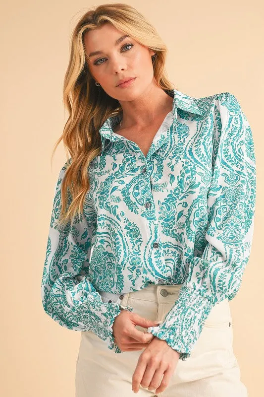 Paisley Print Smocked Cuffs Buttoned Loose Shirt sold by Charming Charlie
