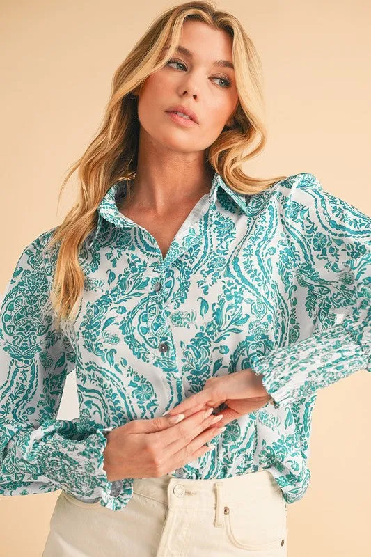 Paisley Print Smocked Cuffs Buttoned Loose Shirt sold by Charming Charlie product image thumbnail 4