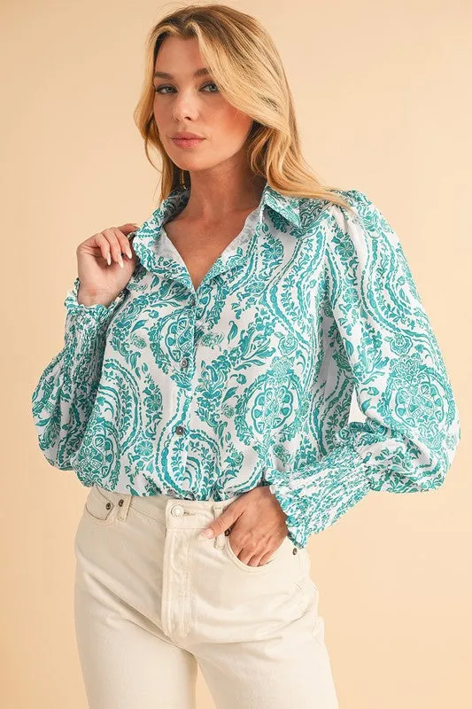 Paisley Print Smocked Cuffs Buttoned Loose Shirt sold by Charming Charlie product image thumbnail 3