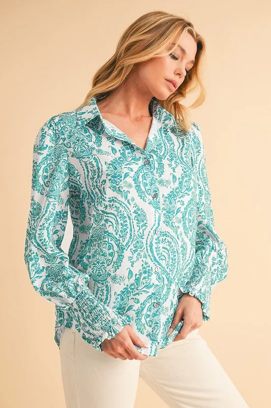 Paisley Print Smocked Cuffs Buttoned Loose Shirt sold by Charming Charlie product image thumbnail 5