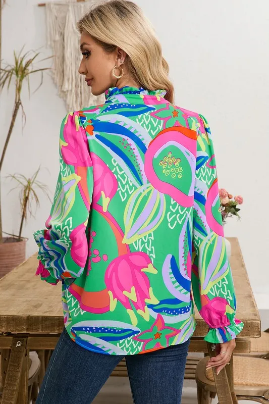 Abstract Ruffled Sleeve Buttoned V Neck Blouse sold by Charming Charlie product image thumbnail 2