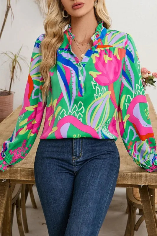 Abstract Ruffled Sleeve Buttoned V Neck Blouse sold by Charming Charlie