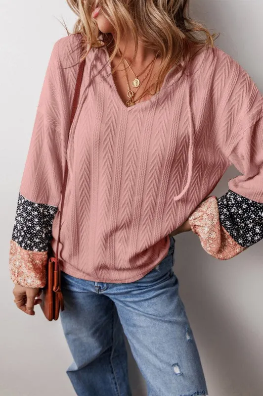 Patchwork Textured Knit Drawstring V Neck Blouse sold by Charming Charlie