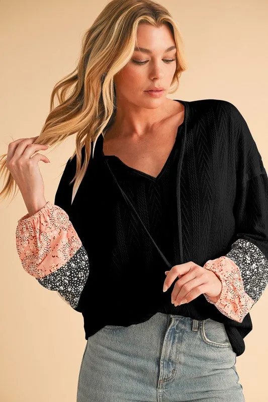 Floral Patchwork Textured Drawstring V Neck Top sold by Charming Charlie product image thumbnail 5