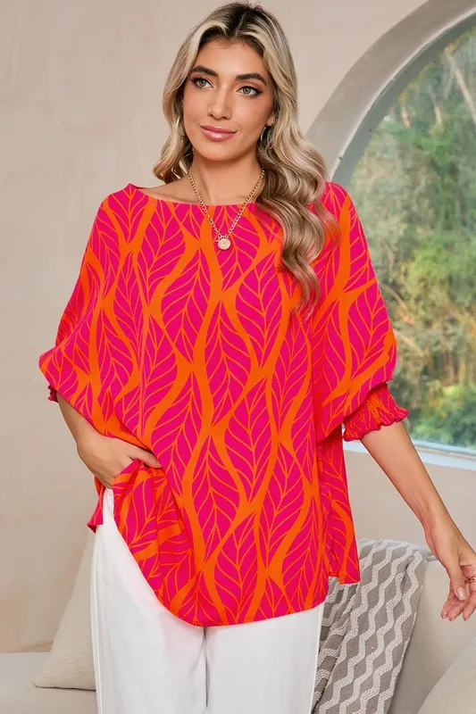 Tropical Leaf Print Smocked Cuffs Loose Blouse sold by Charming Charlie product image thumbnail 2