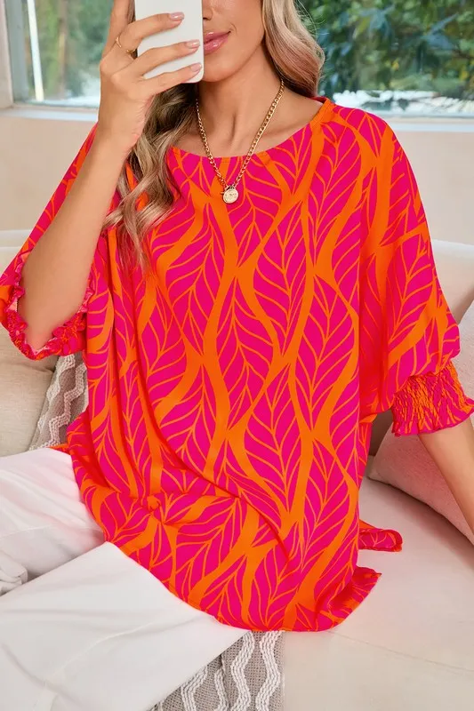 Tropical Leaf Print Smocked Cuffs Loose Blouse sold by Charming Charlie