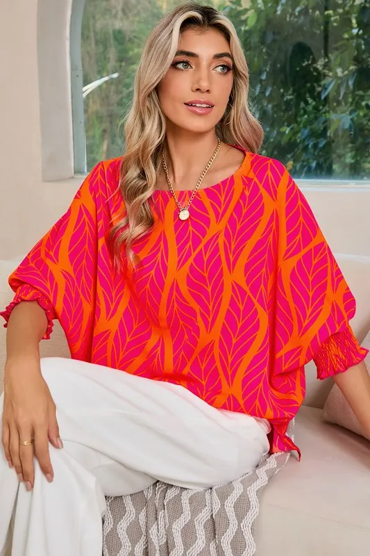 Tropical Leaf Print Smocked Cuffs Loose Blouse sold by Charming Charlie product image thumbnail 3