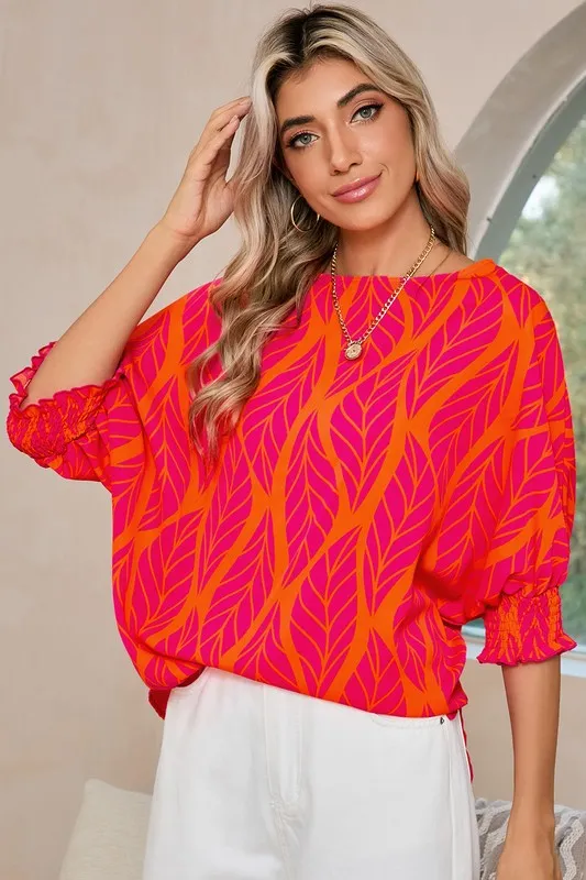 Tropical Leaf Print Smocked Cuffs Loose Blouse sold by Charming Charlie product image thumbnail 5