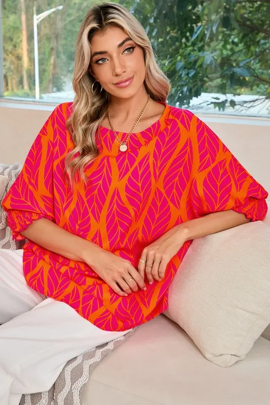 Tropical Leaf Print Smocked Cuffs Loose Blouse sold by Charming Charlie product image thumbnail 4