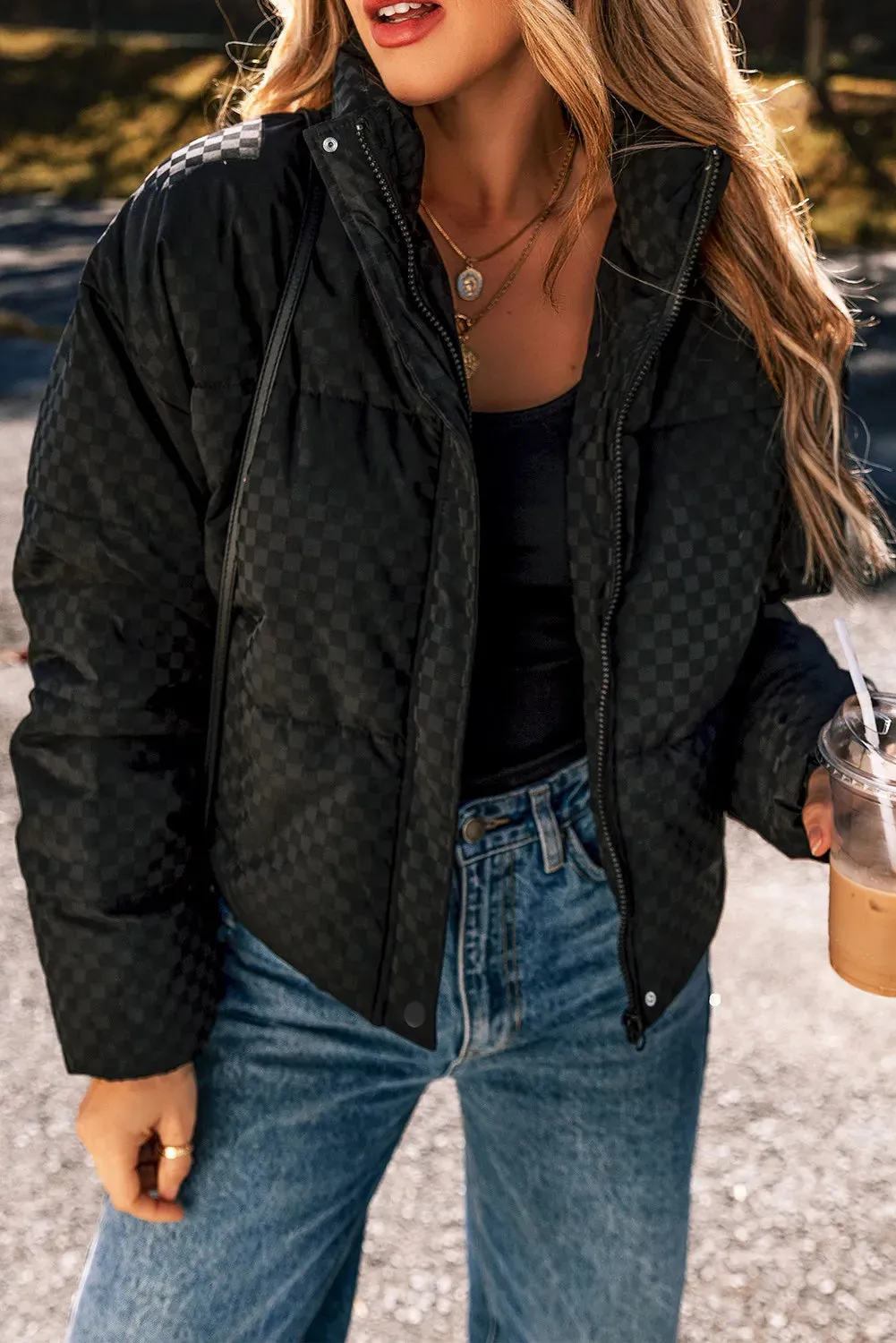 Checkered Turtleneck Zip Up Long Sleeve Winter Coat sold by Charming Charlie product image thumbnail 2