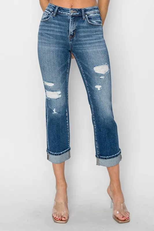 RISEN Full Size Cuffed Ankle Distressed Straight Jeans sold by Charming Charlie