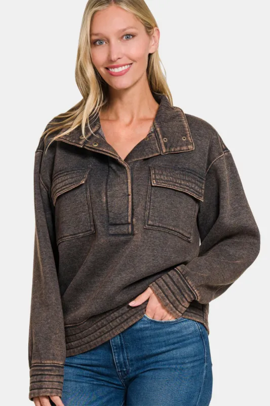 Zenana Acid Washed Half Snap Fleece Sweatshirt sold by Charming Charlie