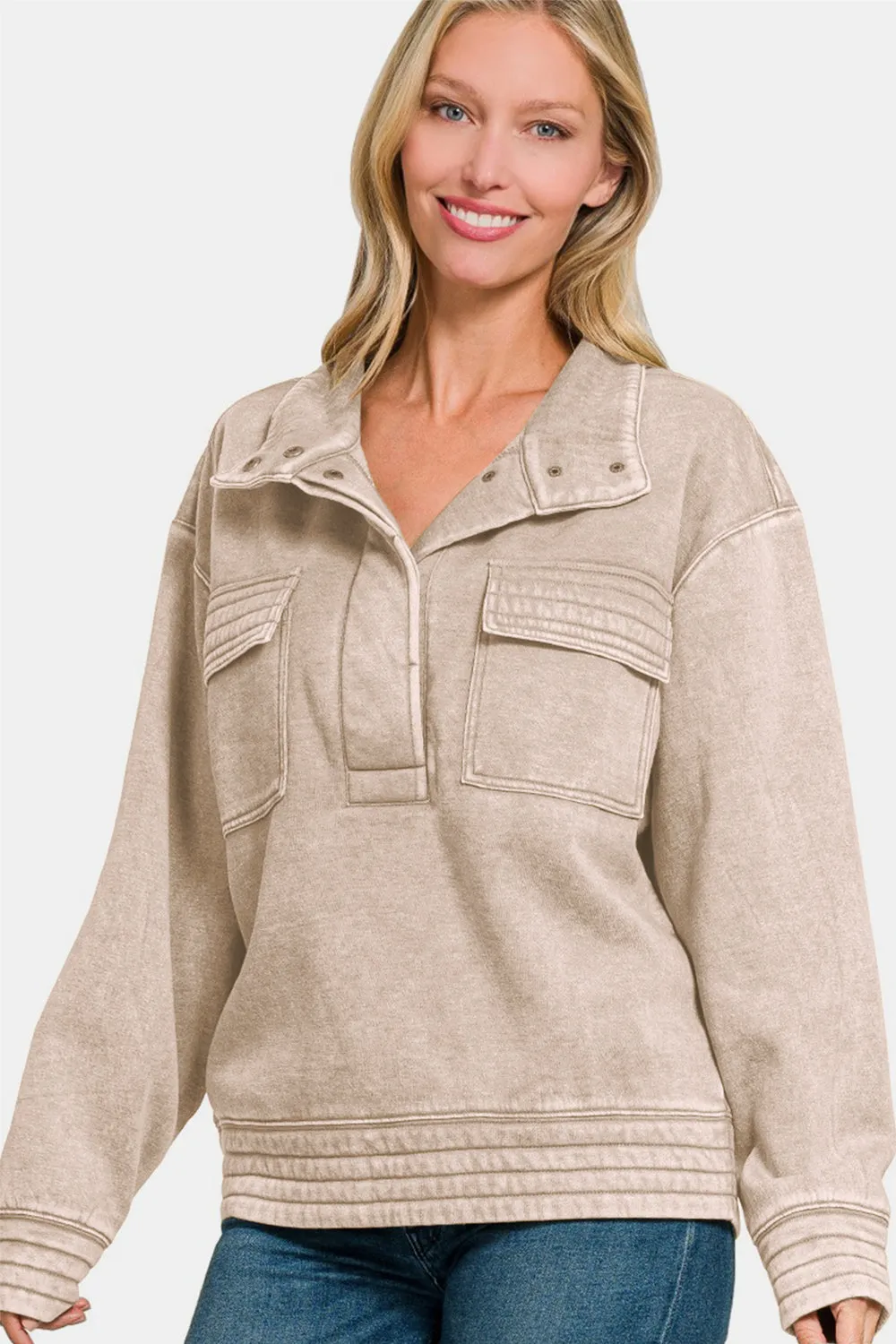 Zenana Acid Washed Half Snap Fleece Sweatshirt sold by Charming Charlie product image thumbnail 3