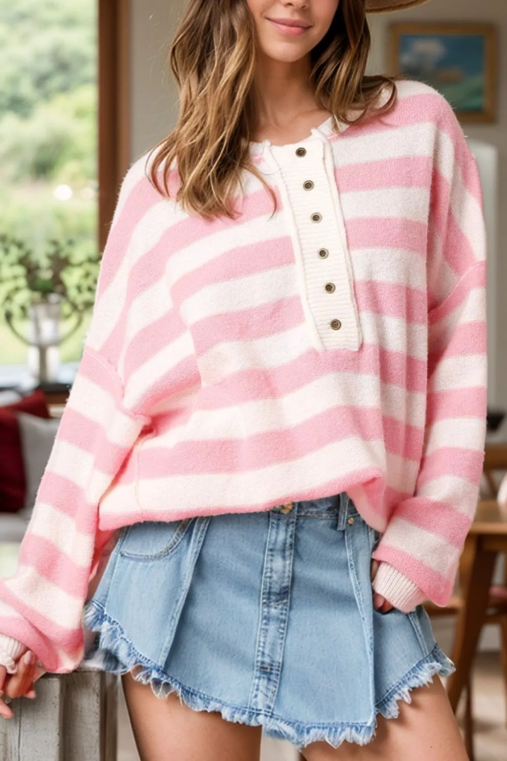 Exposed Seam Striped Round Neck Long Sleeve Sweater sold by Charming Charlie